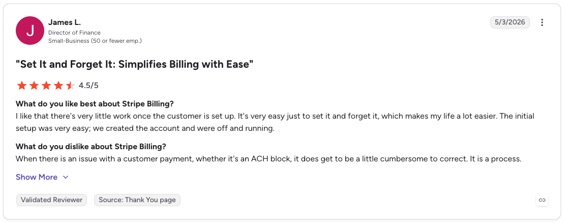 G2 review rates Stripe Billing 4.5/5 for its developer experience but criticizes its high pricing.