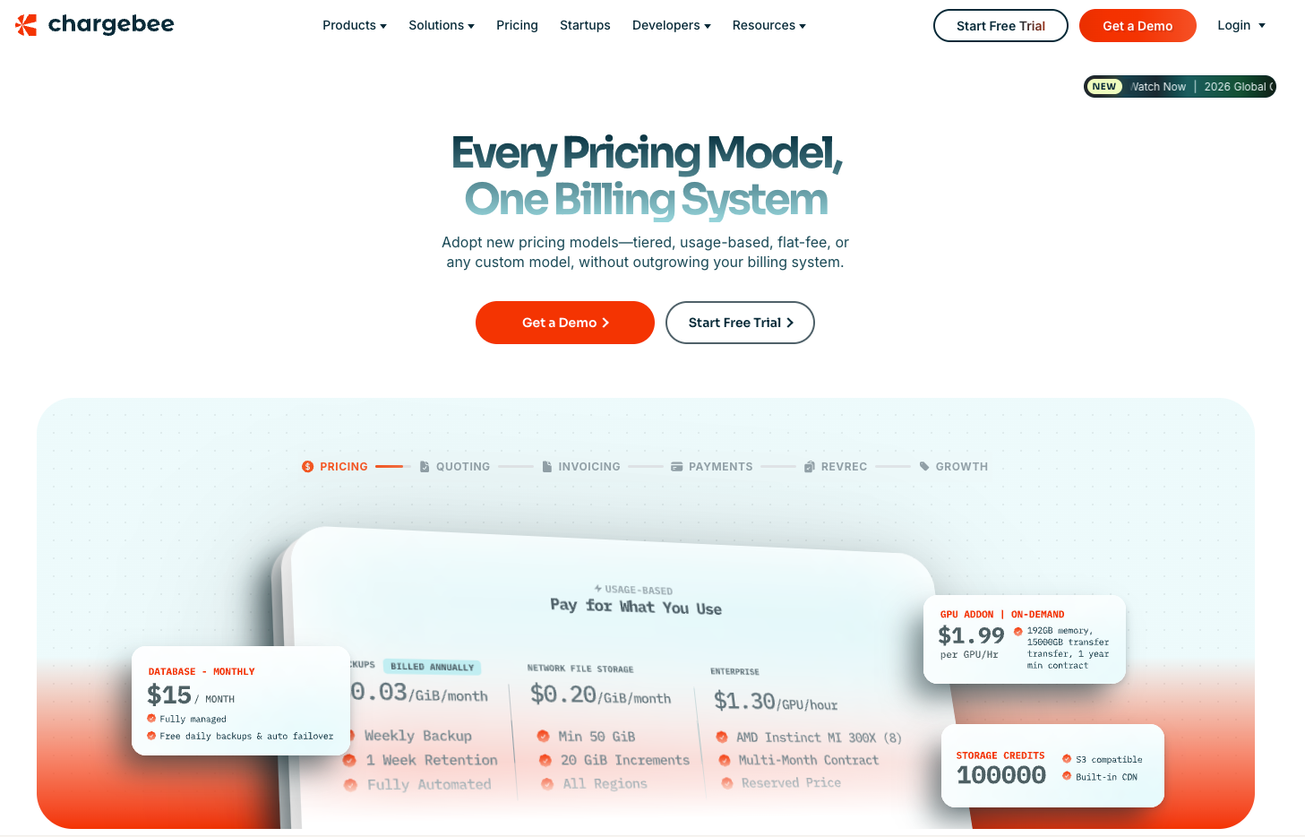 Chargebee homepage promoting one billing system for tiered, usage-based, flat-fee, and custom pricing models.