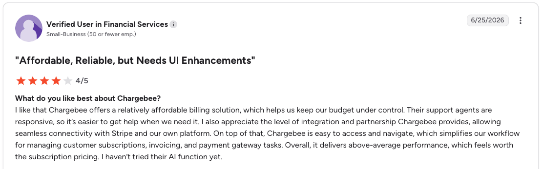 G2 review rates Chargebee 4/5 for affordability, reliability, support, and integrations but calls for UI improvements.
