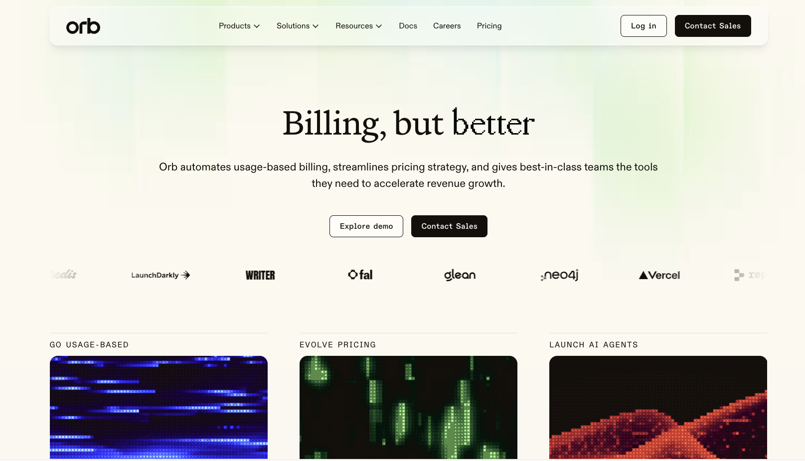Orb homepage promoting usage-based billing, pricing strategy, and tools for launching AI agents.