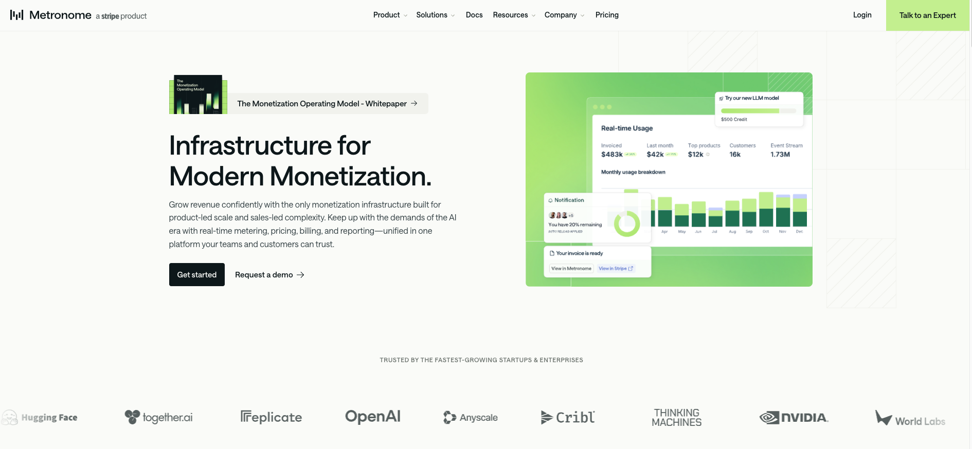 Metronome homepage promoting monetization infrastructure with real-time usage, billing, pricing, and reporting.