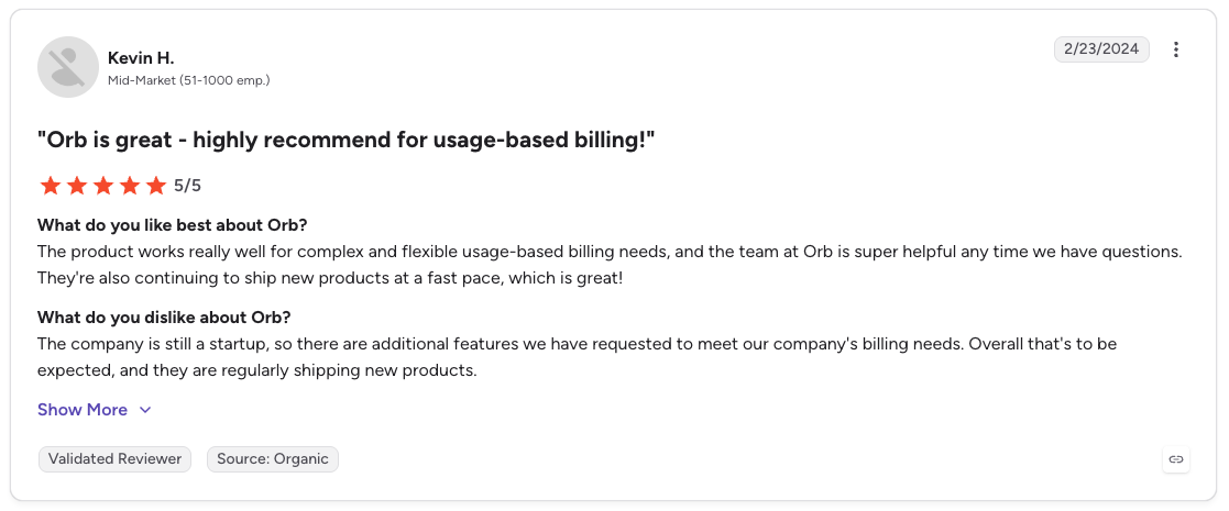 G2 review rates Orb 5/5 for flexible usage-based billing and helpful support but notes some requested features are missing.