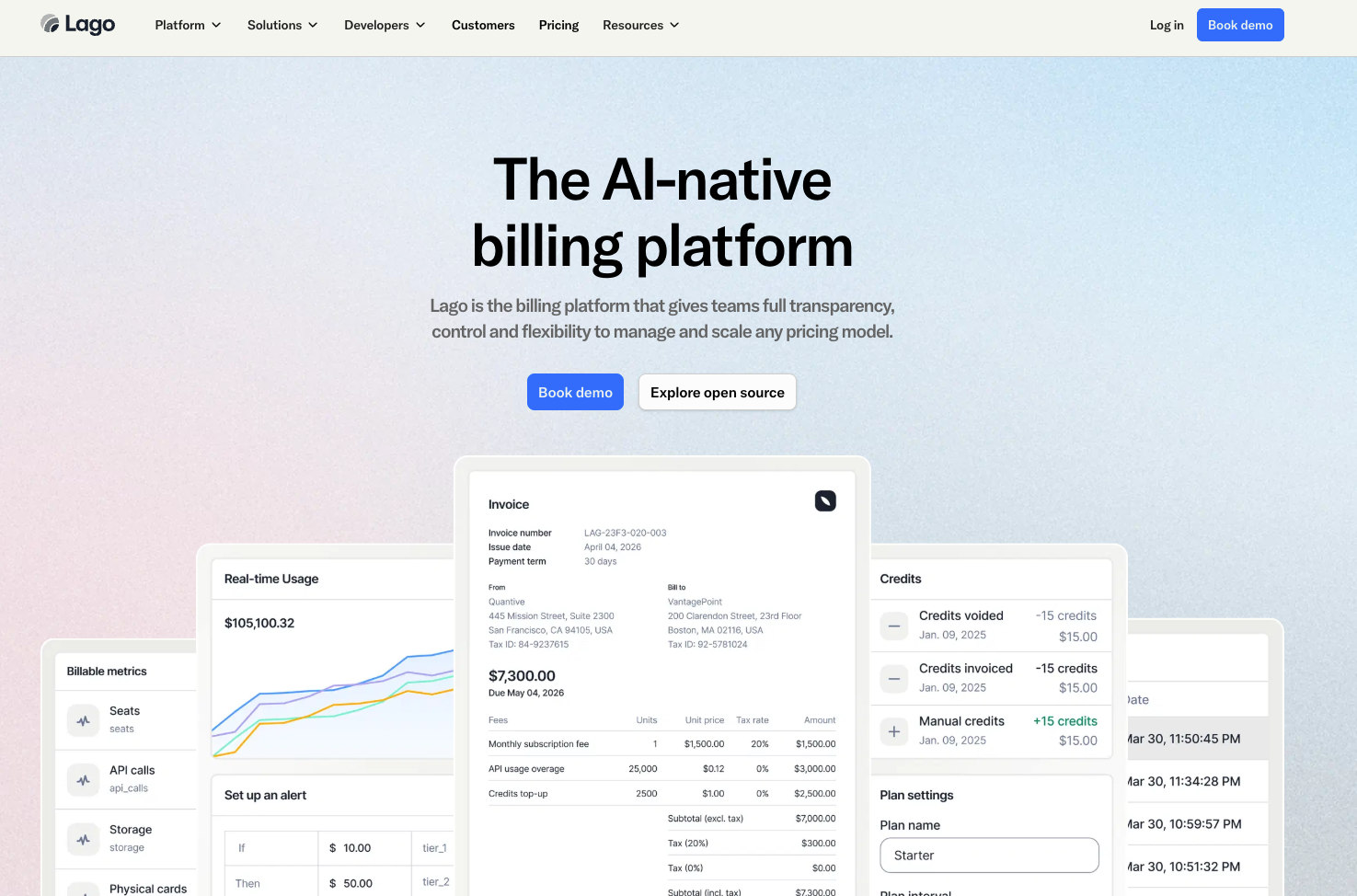 Lago homepage promoting an AI-native billing platform with real-time usage, credits, invoicing, and plan controls.