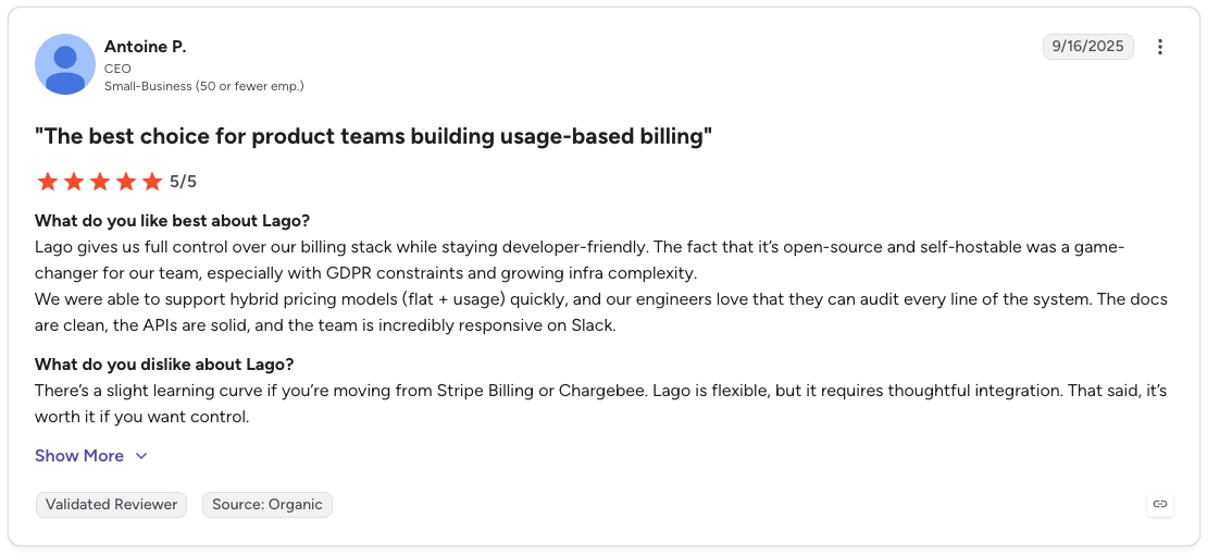 G2 review rates Lago 5/5 for flexible usage-based billing but notes a learning curve during integration.