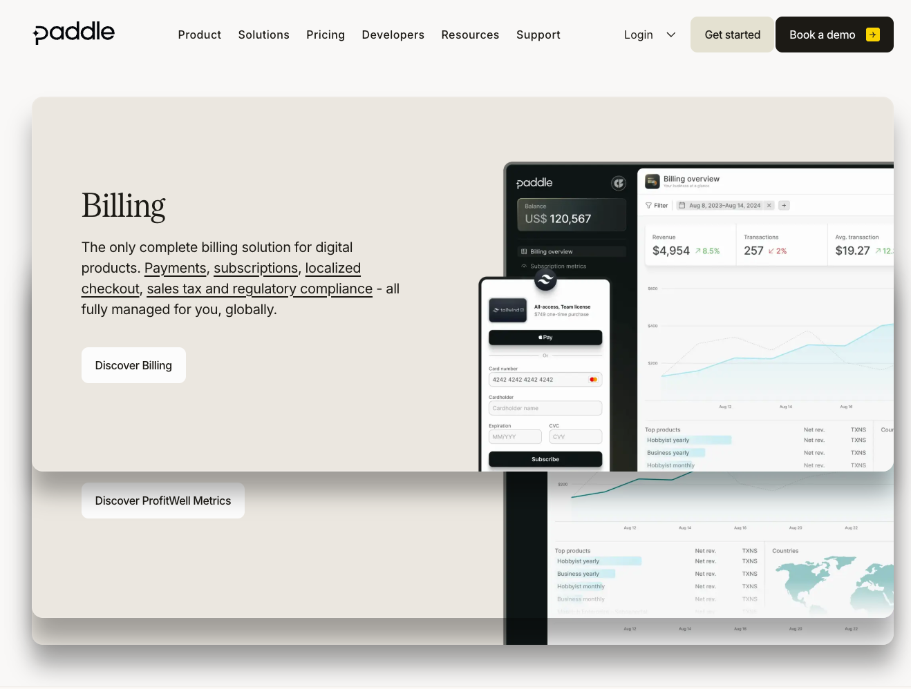 Paddle homepage promoting billing for digital products with payments, subscriptions, tax, checkout, and compliance.
