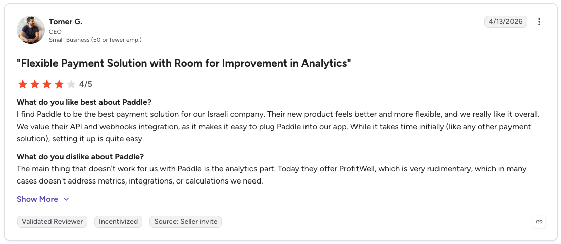 G2 review rates Paddle 4/5 for flexible payments and easy setup but criticizes its limited analytics.