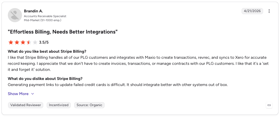 G2 review rates Stripe Billing 3.5/5 for automated billing but criticizes its payment-link and integration limits.