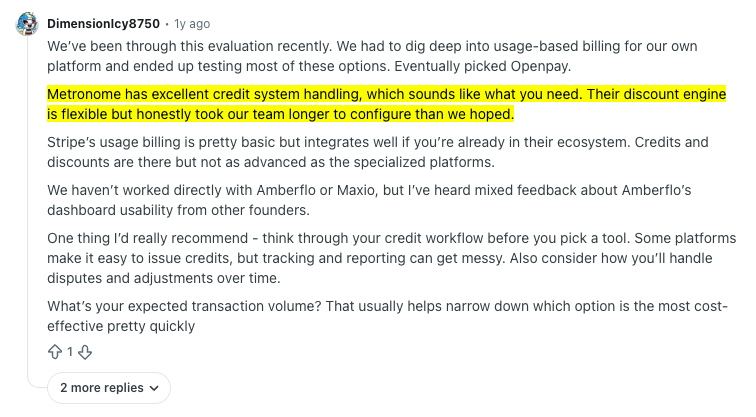 Reddit user praises Metronome’s credit system but says its discount engine took longer to configure than expected.