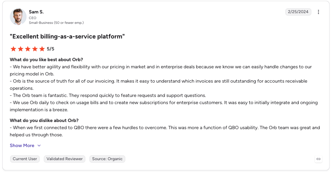 G2 review rates Orb 5/5 for pricing flexibility, invoicing visibility, responsive support, and easy integration.