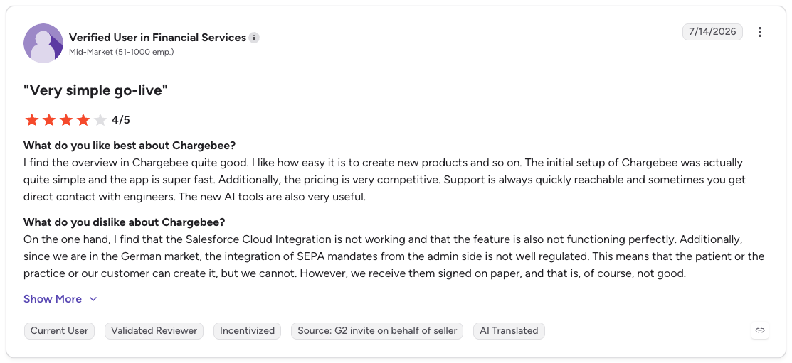 G2 review rates Chargebee 4/5 for easy setup and support but notes issues with Salesforce and SEPA integrations.