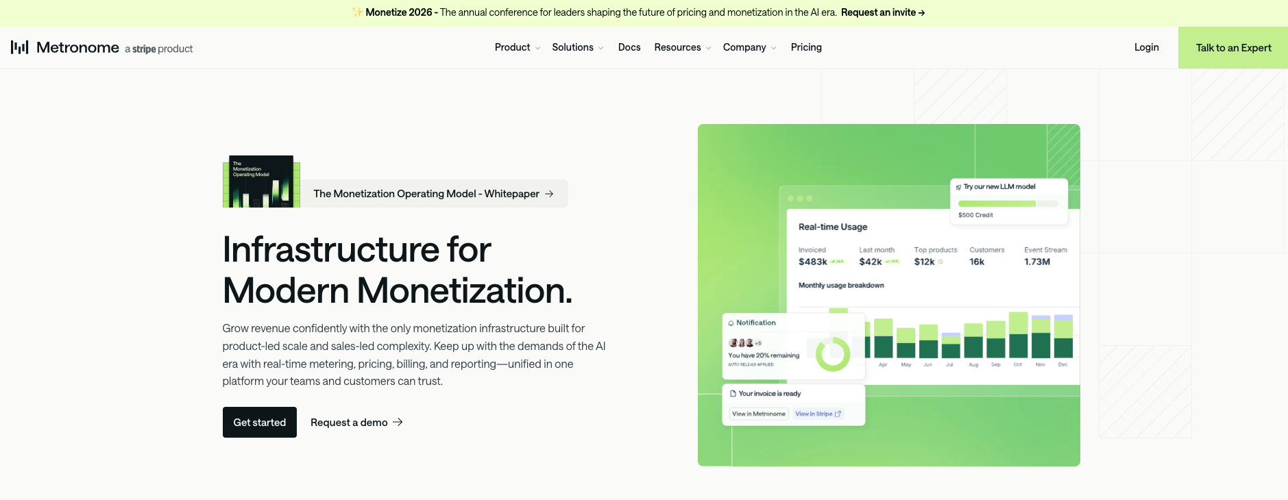 Metronome homepage promoting monetization infrastructure with billing dashboards and revenue analytics.\