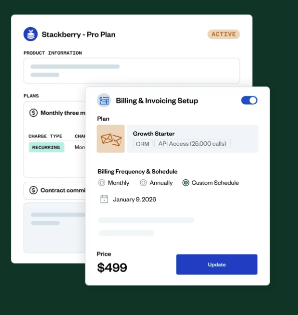Zuora billing setup showing a $499 Growth Starter plan with recurring charges and a custom billing schedule.