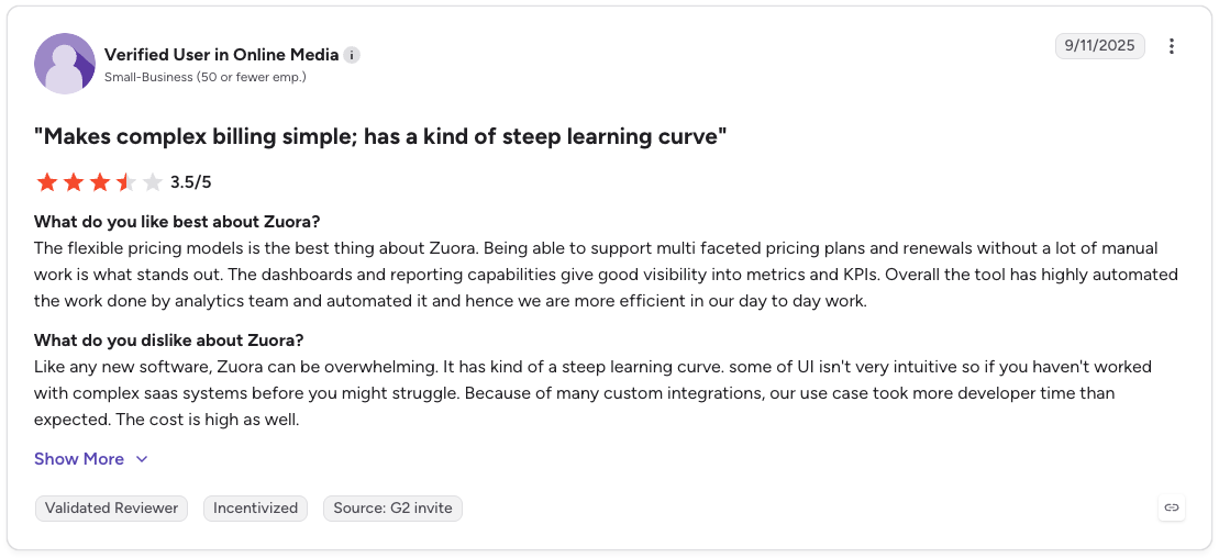 G2 review rates Zuora 3.5/5 for flexible pricing and reporting but notes a steep learning curve and high cost.