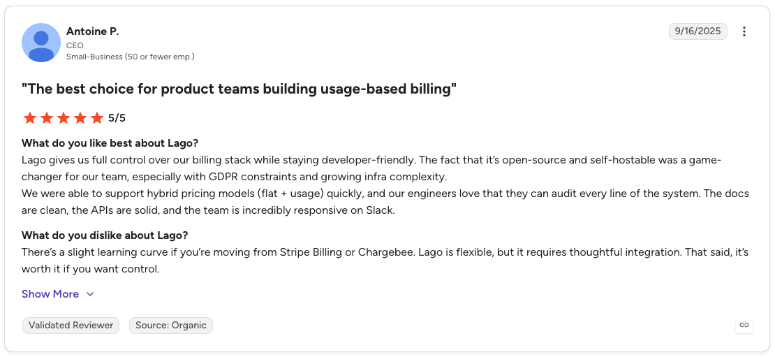 G2 review rates Lago 5/5 for flexible usage-based billing but notes a learning curve during integration.
