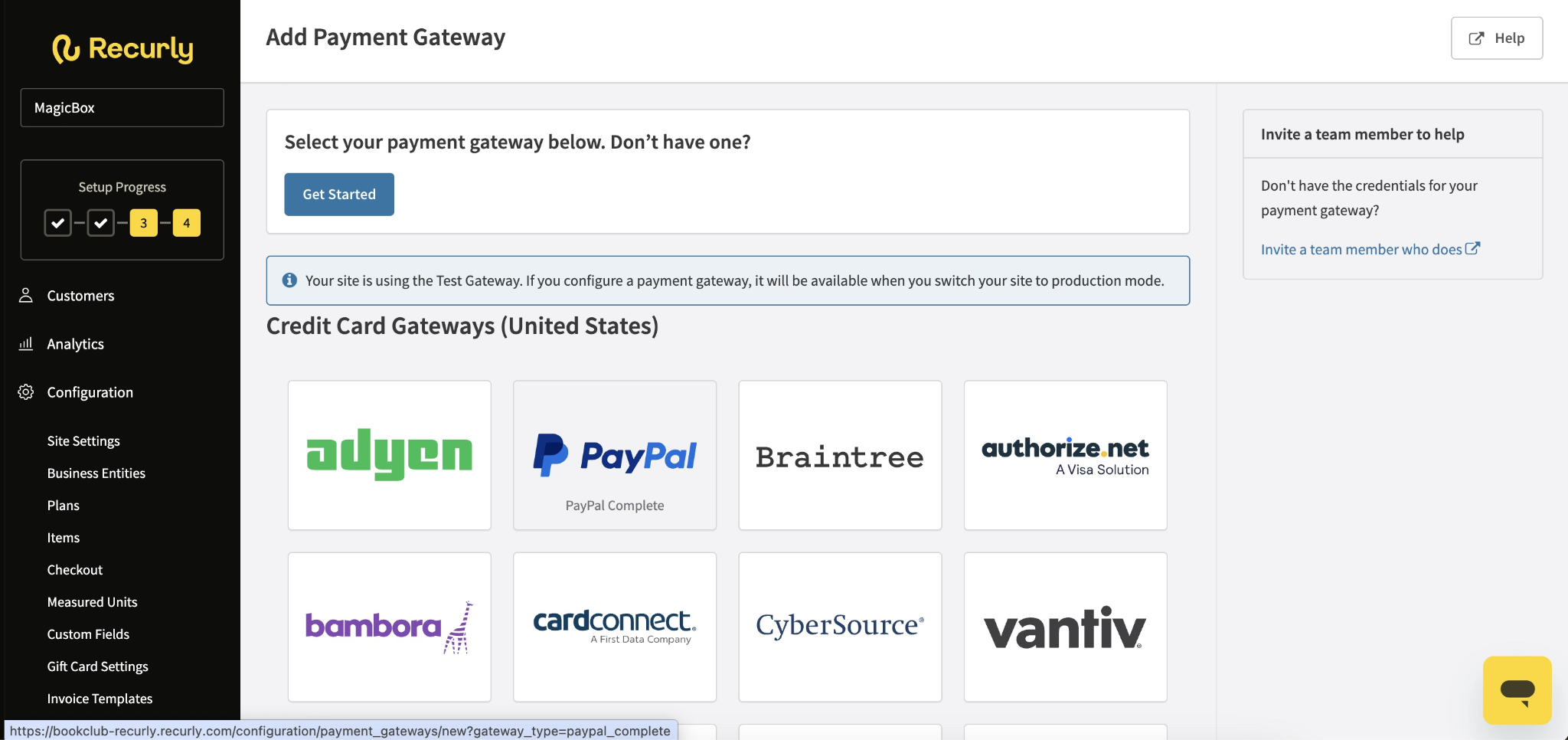 Recurly payment gateway setup page showing Adyen, PayPal, Braintree, Authorize.net, and other integrations.