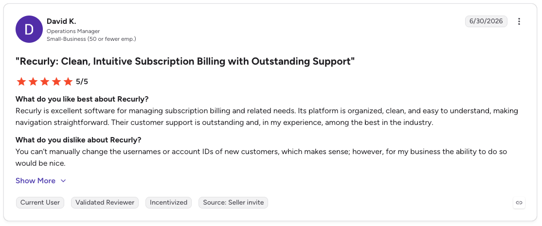 G2 review rates Recurly 5/5 for intuitive subscription billing and strong support but notes limited customer naming options.