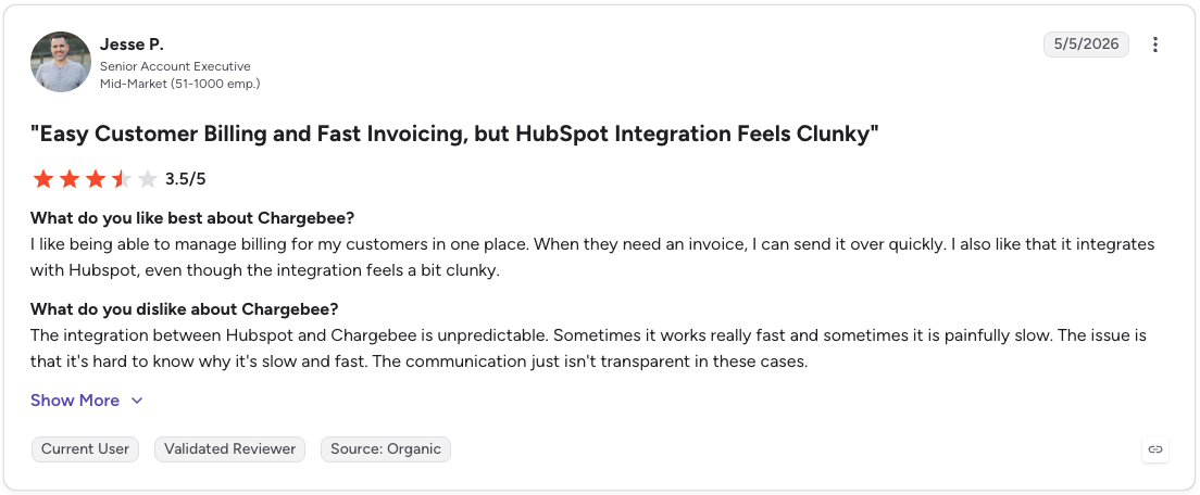 G2 review rates Chargebee 3.5/5 for easy billing and invoicing but criticizes its unreliable HubSpot integration.