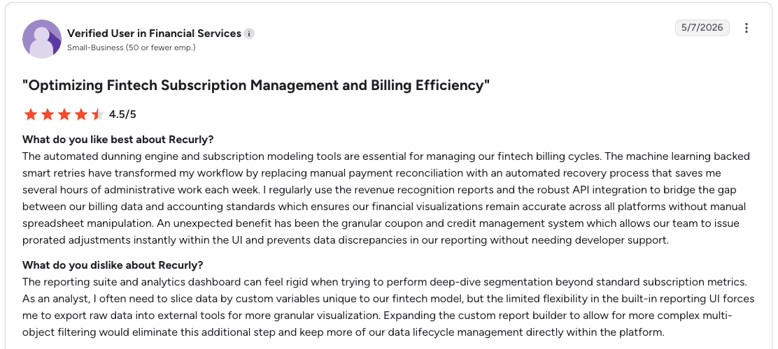 G2 review rates Recurly 4.5/5 for automated retries and billing controls but criticizes its reporting flexibility.