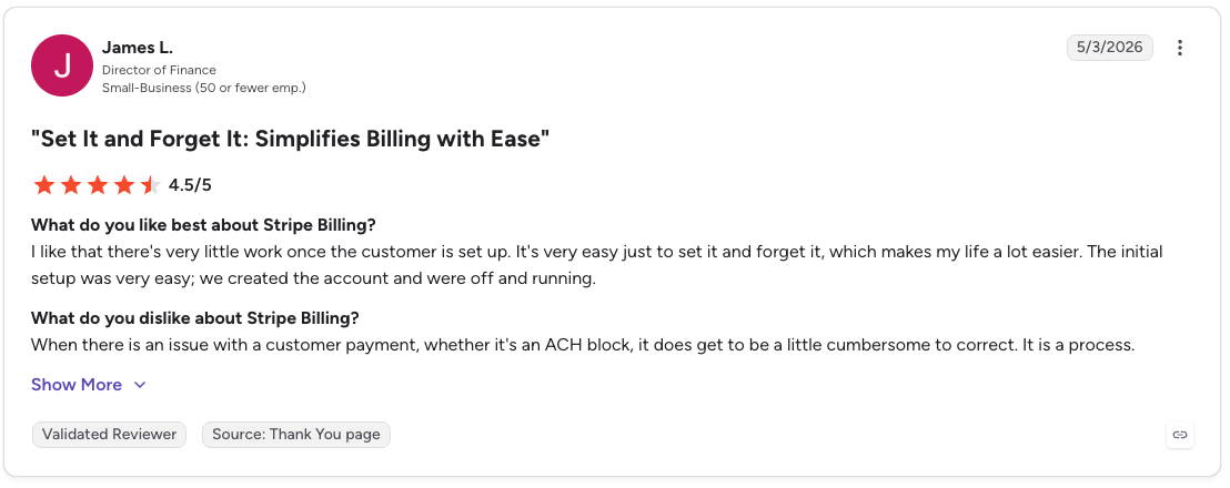 G2 review rates Stripe Billing 4.5/5 for easy setup and low maintenance but notes payment issue resolution can be cumbersome.