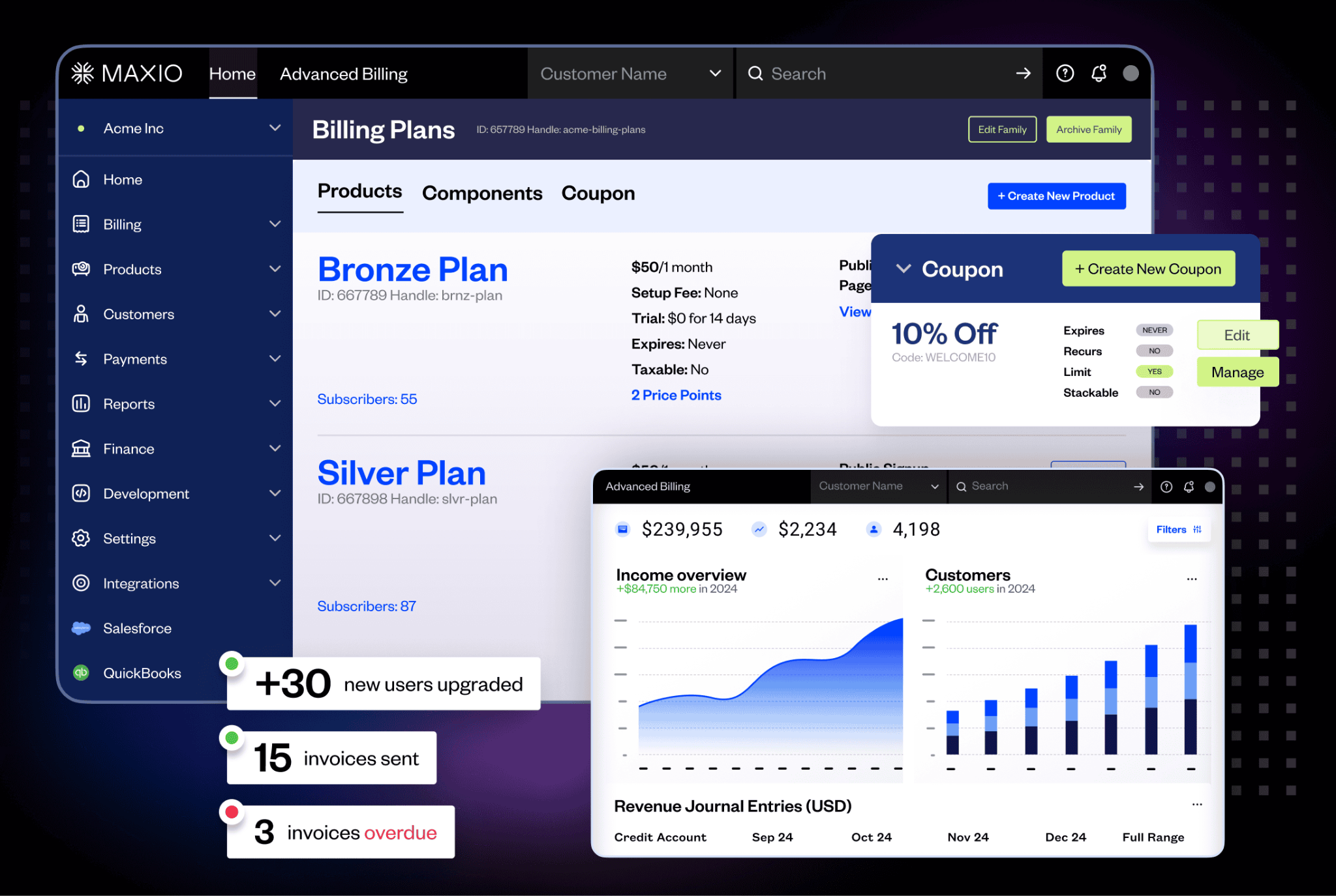 Maxio dashboard showing billing plans, coupons, revenue analytics, customer growth, and invoice activity.