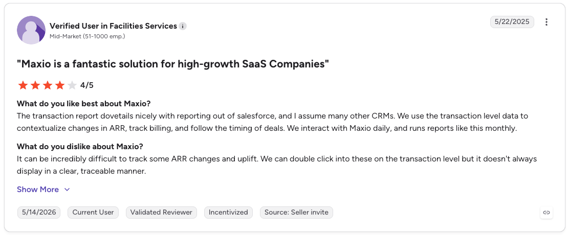 G2 review rates Maxio 4/5 for SaaS reporting and transaction data but notes unclear ARR tracking.