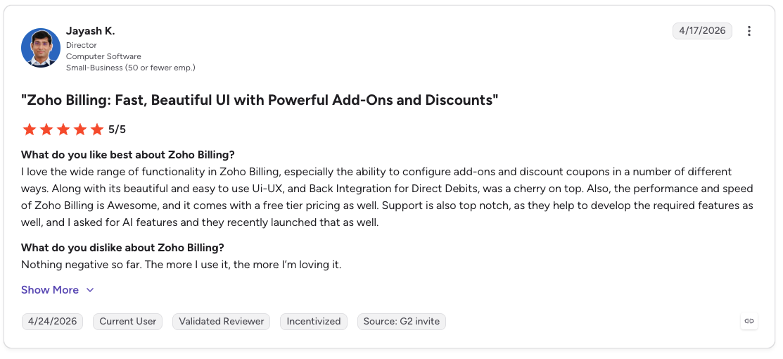 G2 review rates Zoho Billing 5/5 for its UI, add-ons, discounts, speed, and responsive support.