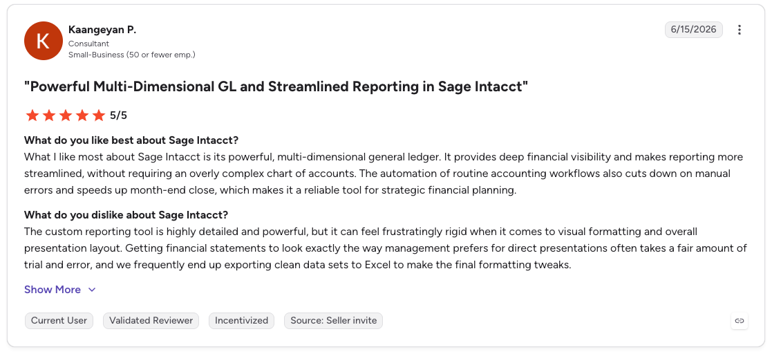 G2 review rates Sage Intacct 5/5 for multi-dimensional reporting but criticizes rigid formatting and presentation options.