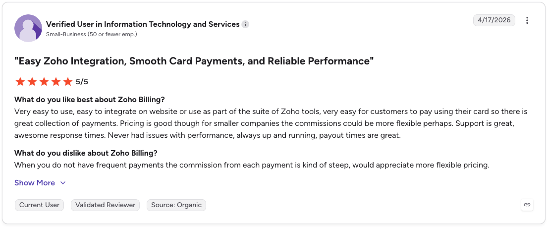 G2 review rates Zoho Billing 5/5 for easy integration and reliable card payments but notes high transaction fees.