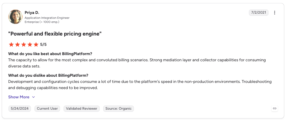 G2 review rates BillingPlatform 5/5 for flexible pricing and complex billing but notes slow setup and debugging.