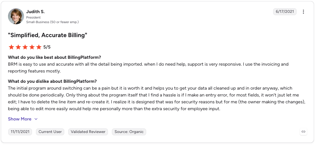 G2 review rates BillingPlatform 5/5 for accurate billing and responsive support but notes limits when editing processed invoices.