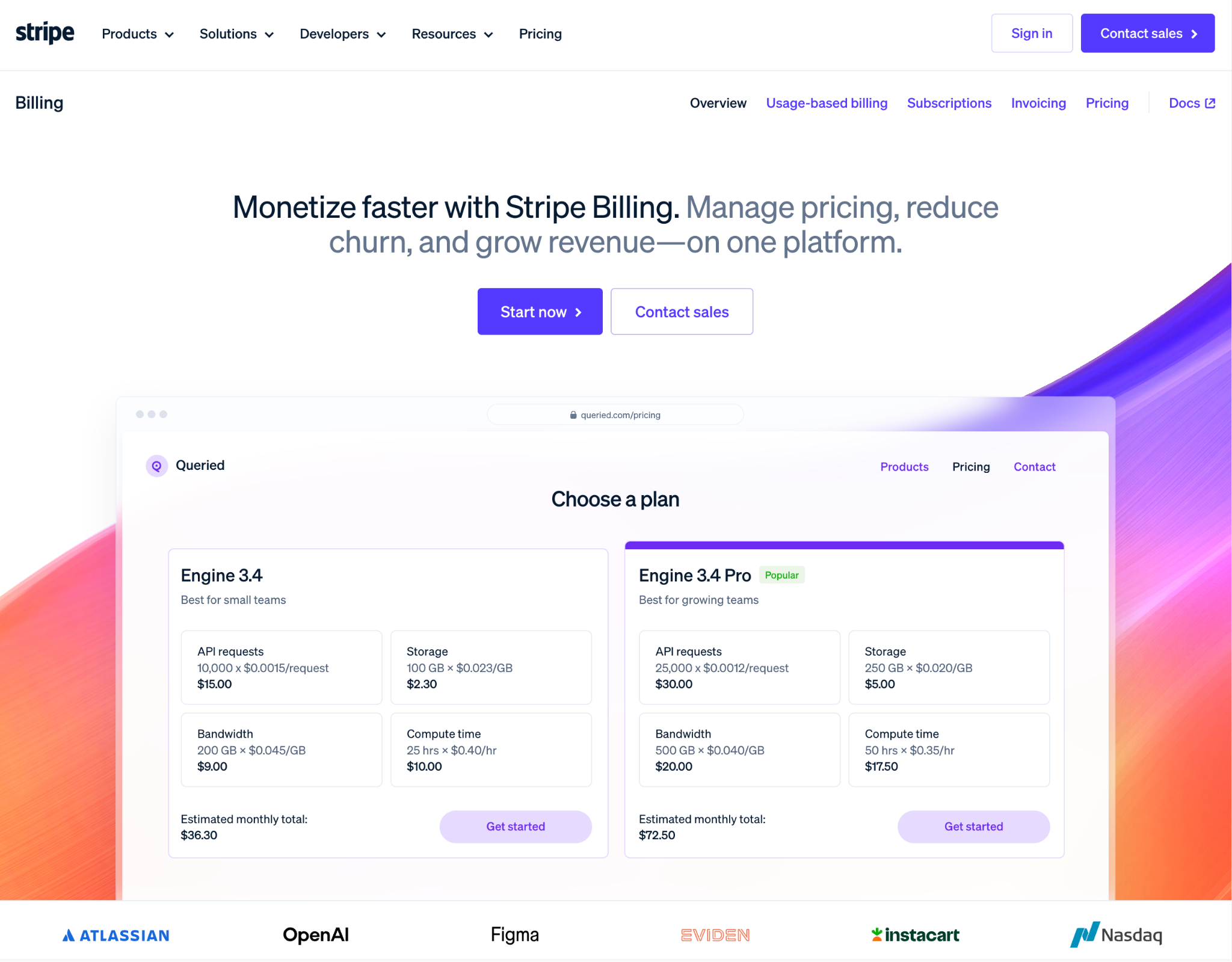 Stripe Billing homepage promoting pricing, usage-based billing, subscriptions, and invoicing on one platform.