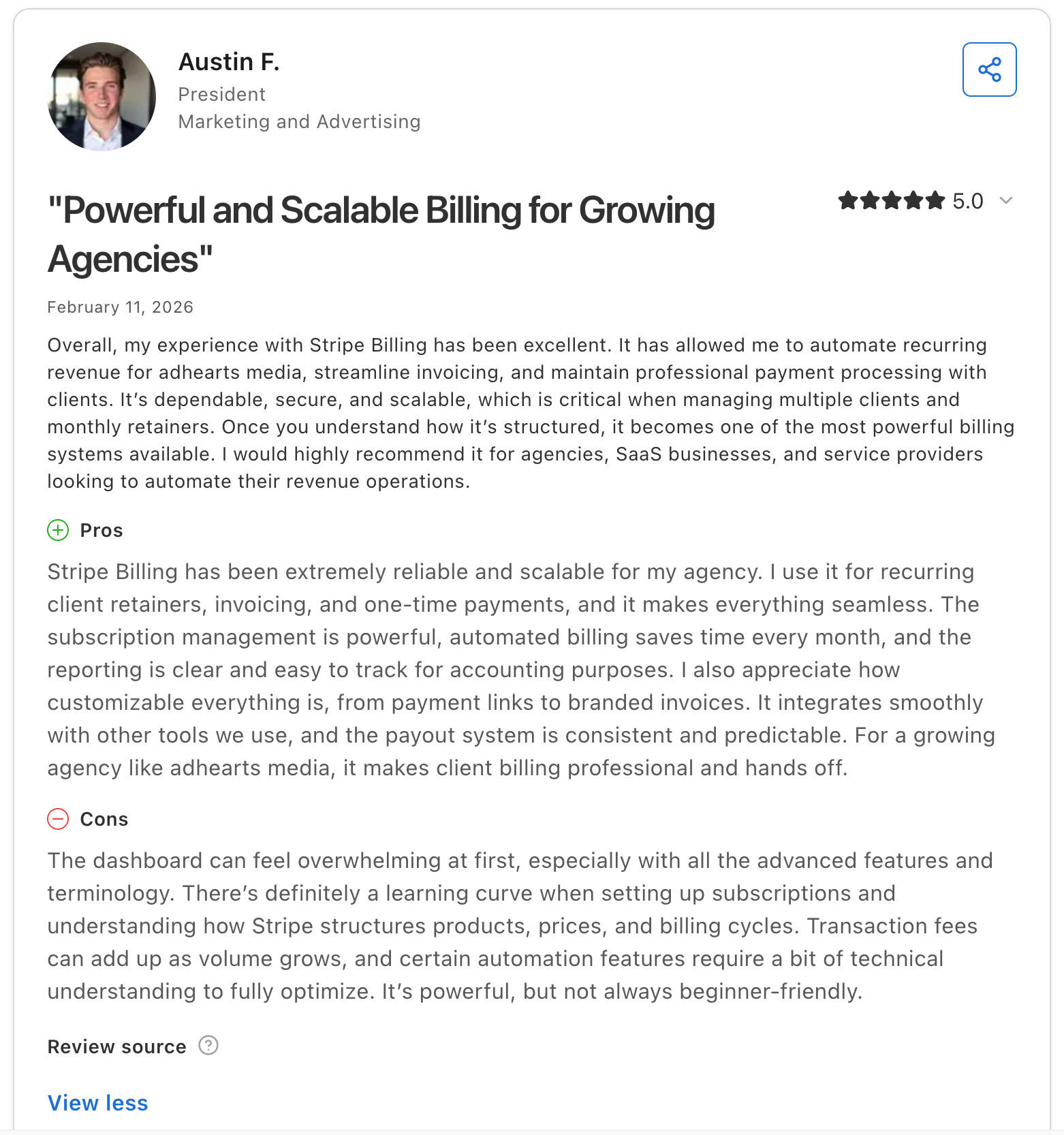 Capterra review rates Stripe Billing 5/5 for reliable, scalable recurring billing and invoicing, while noting a learning curve, complex dashboard, and rising transaction fees.