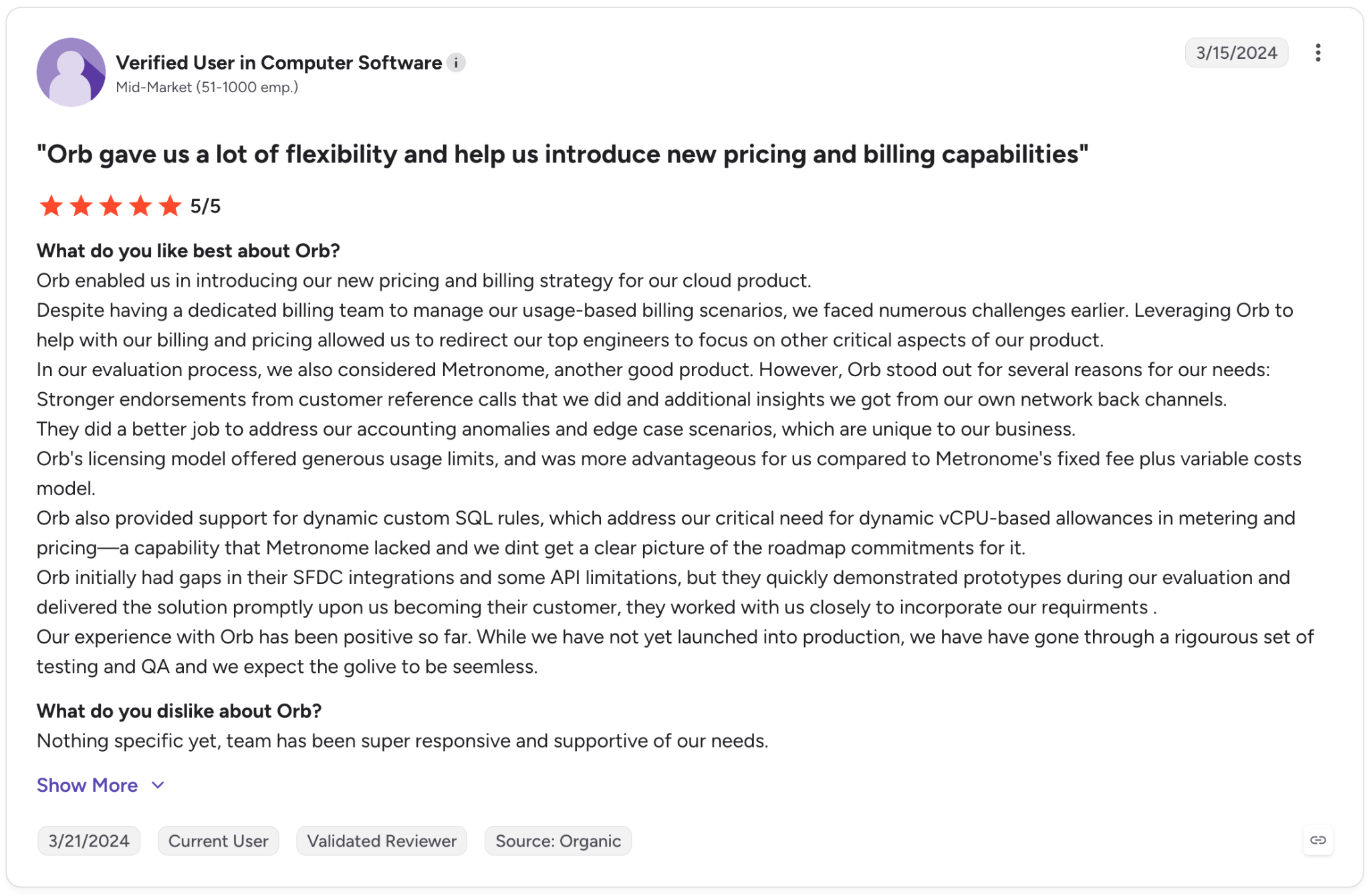 Verified G2 user gives Orb 5/5, praising its flexible usage-based billing, dynamic custom SQL rules, responsive support, and ability to handle accounting edge cases.