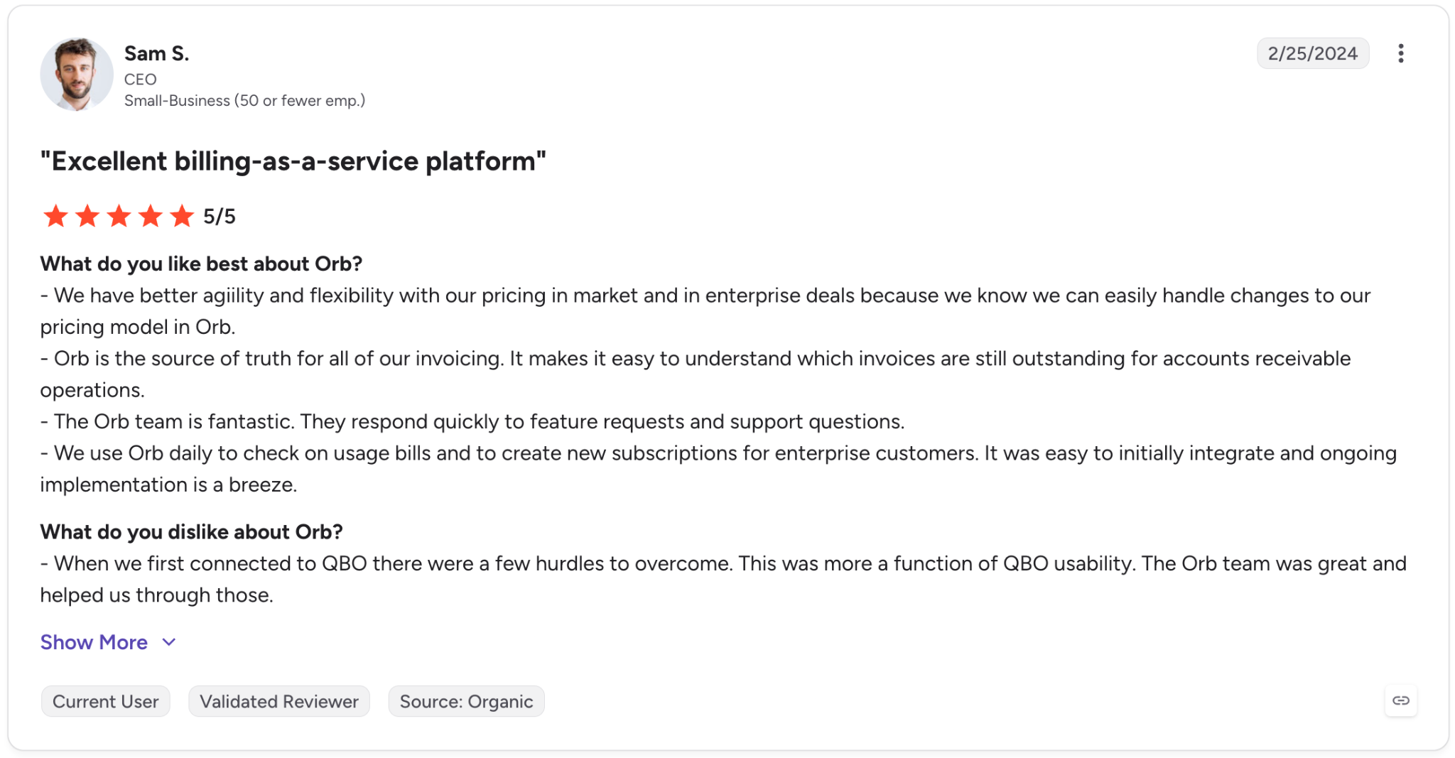 G2 reviewer gives Orb 5/5, praising its flexible pricing, invoicing, easy integration, and responsive support, while noting some initial hurdles with QuickBooks Online.