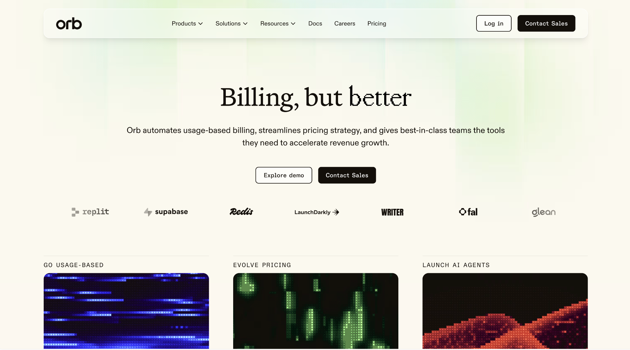 Orb homepage promoting usage-based billing, pricing automation, and tools for launching AI agents.
