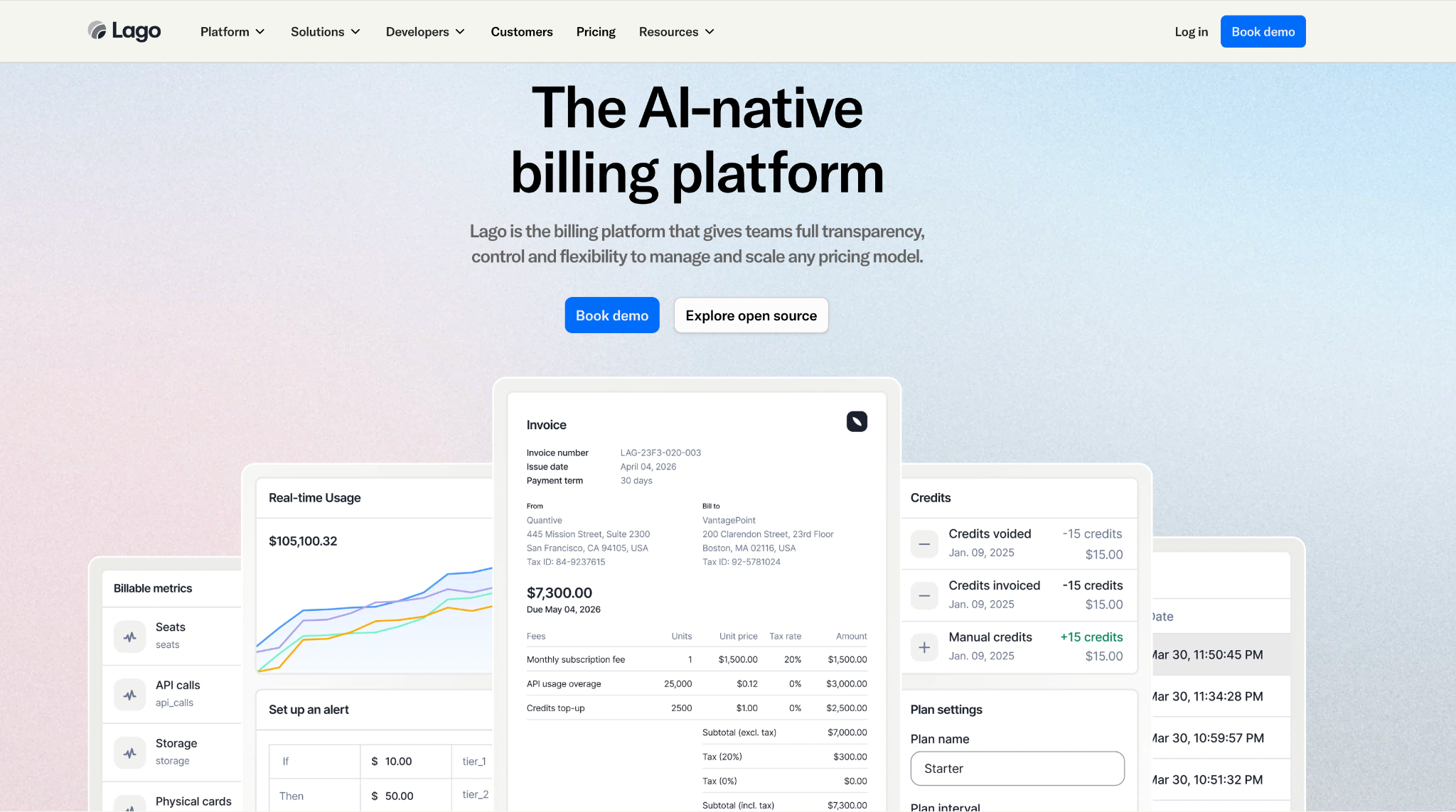 Lago homepage promoting an AI-native billing platform with real-time usage, credits, invoicing, and plan controls.