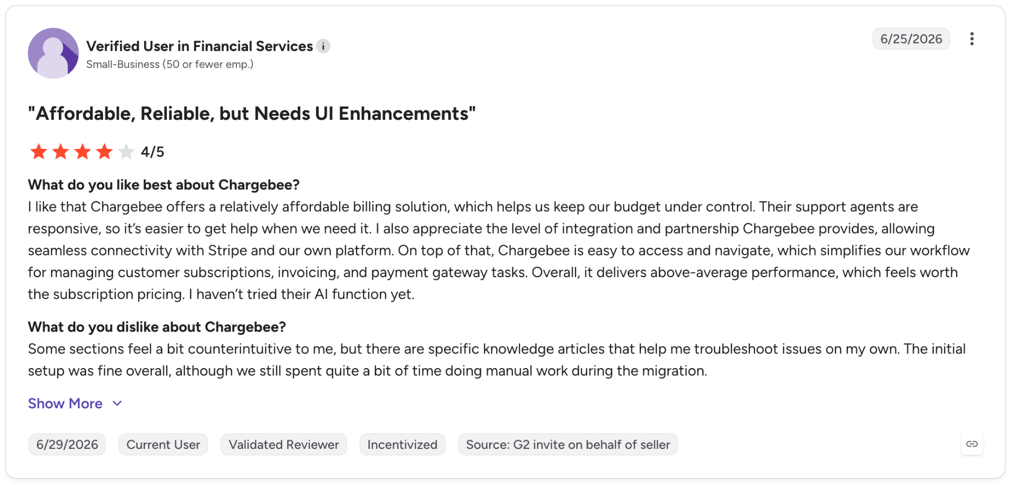 G2 review rates Chargebee 4/5 for affordability, support, and integrations but notes UI issues and manual migration work.
