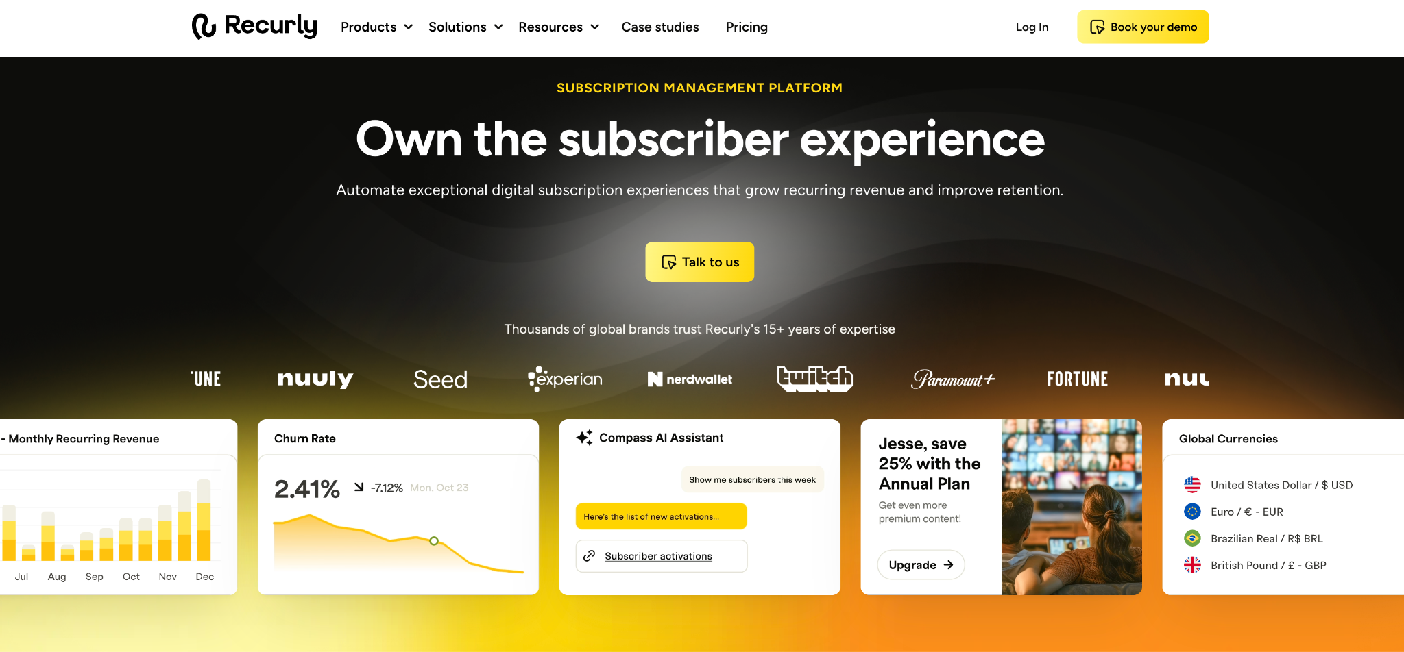 Recurly homepage promoting subscription management with revenue, churn, AI assistance, and global currency tools.