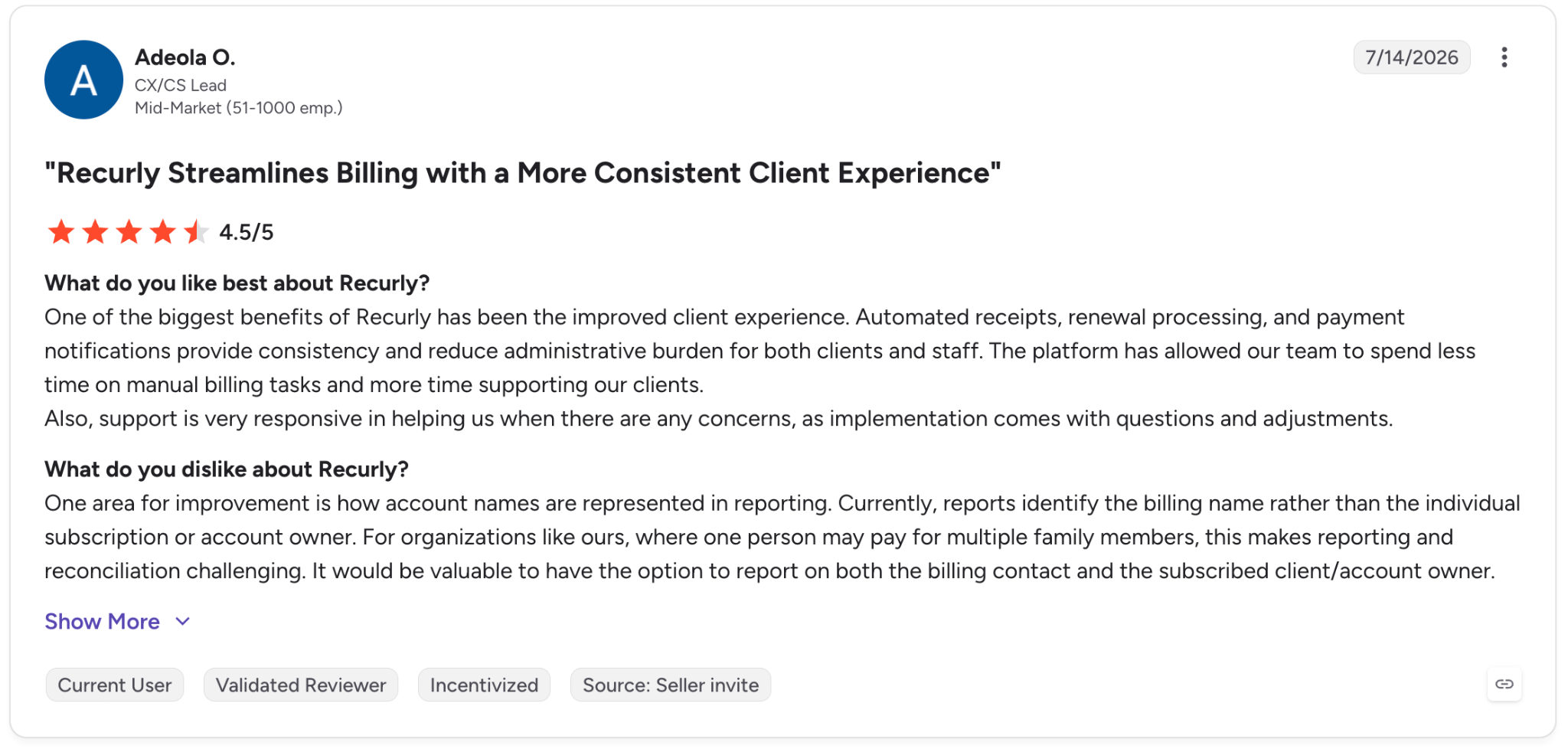 G2 review rates Recurly 4.5/5 for automated billing and responsive support but notes reporting issues with account names.