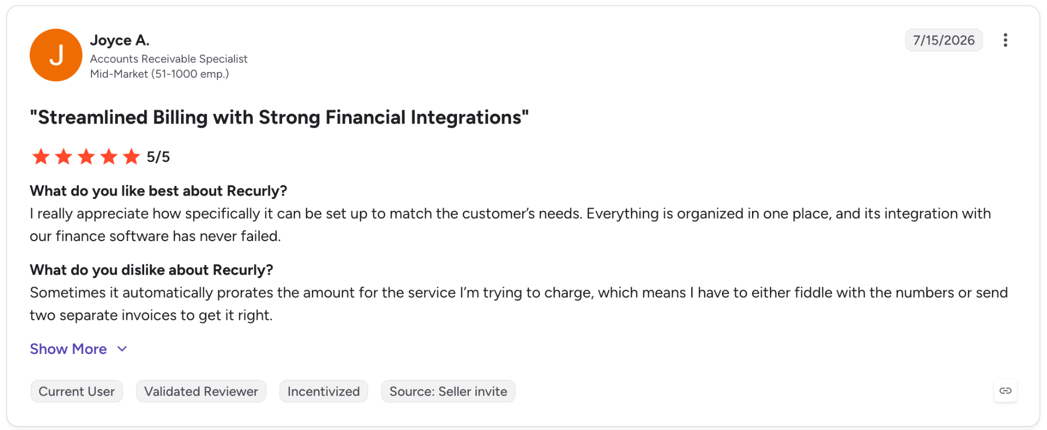 G2 review rates Recurly 5/5 for billing setup and finance integrations but notes unwanted automatic prorating.
