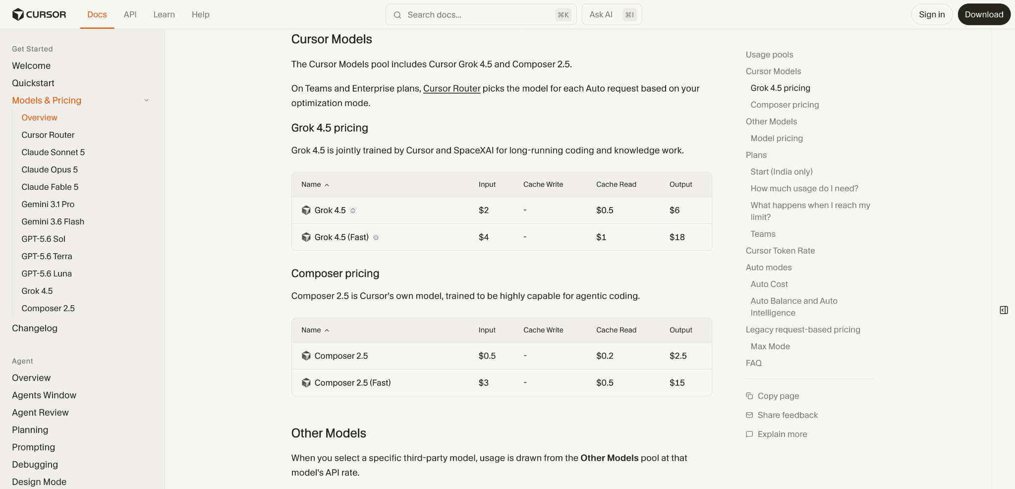 Cursor model pricing page showing input, cache read, and output rates for Grok 4.5 and Composer 2.5.