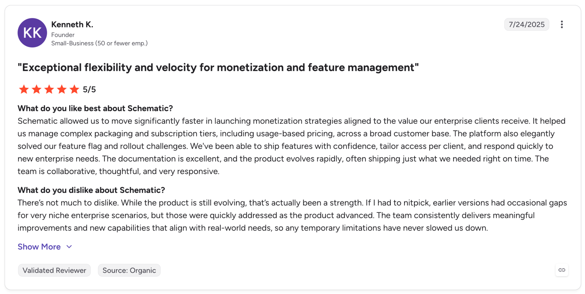 G2 review rates Schematic 5/5 for flexible monetization and feature management, with minor gaps in earlier versions.