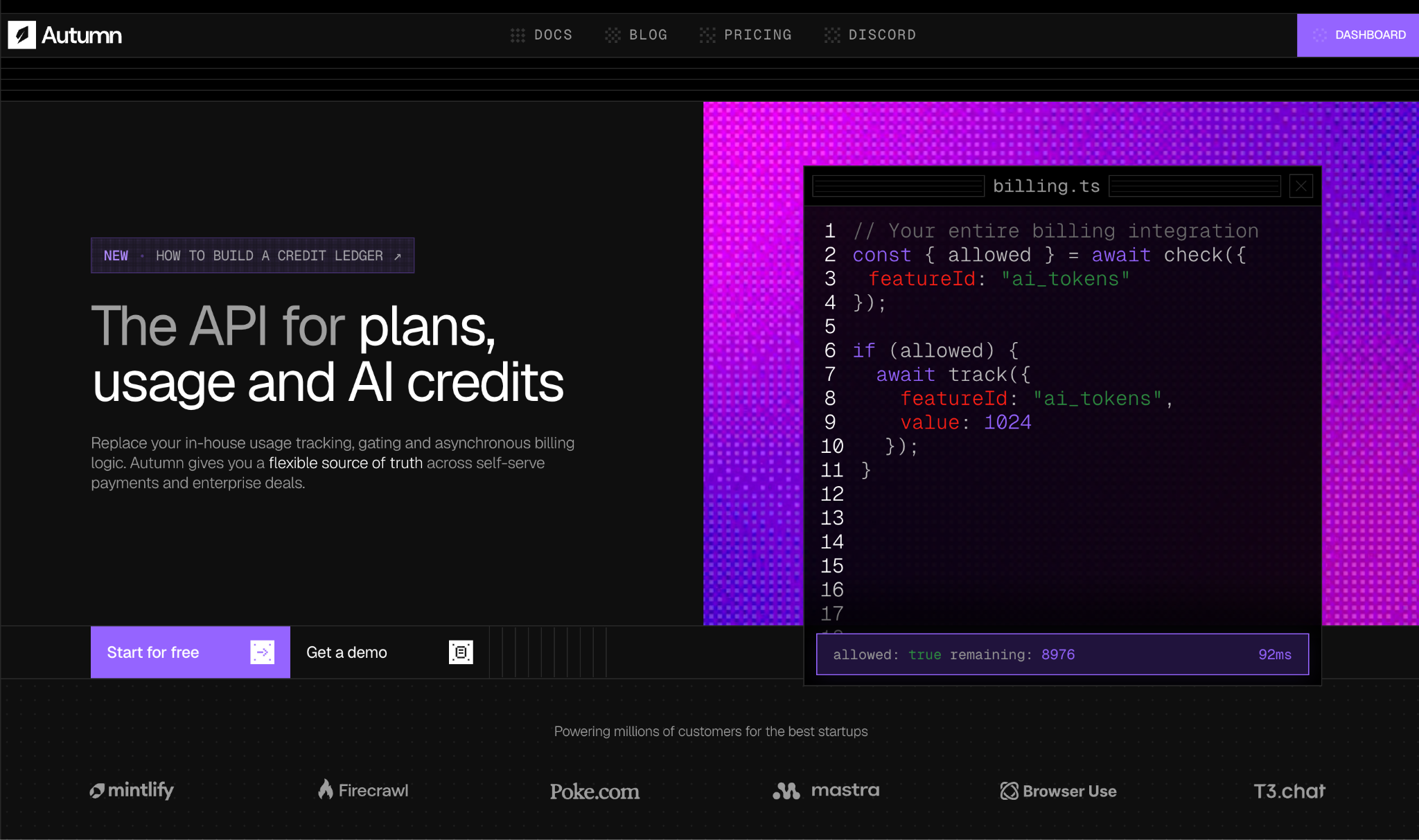 Autumn homepage promoting an API for plans, usage, and AI credits with a billing integration code example.