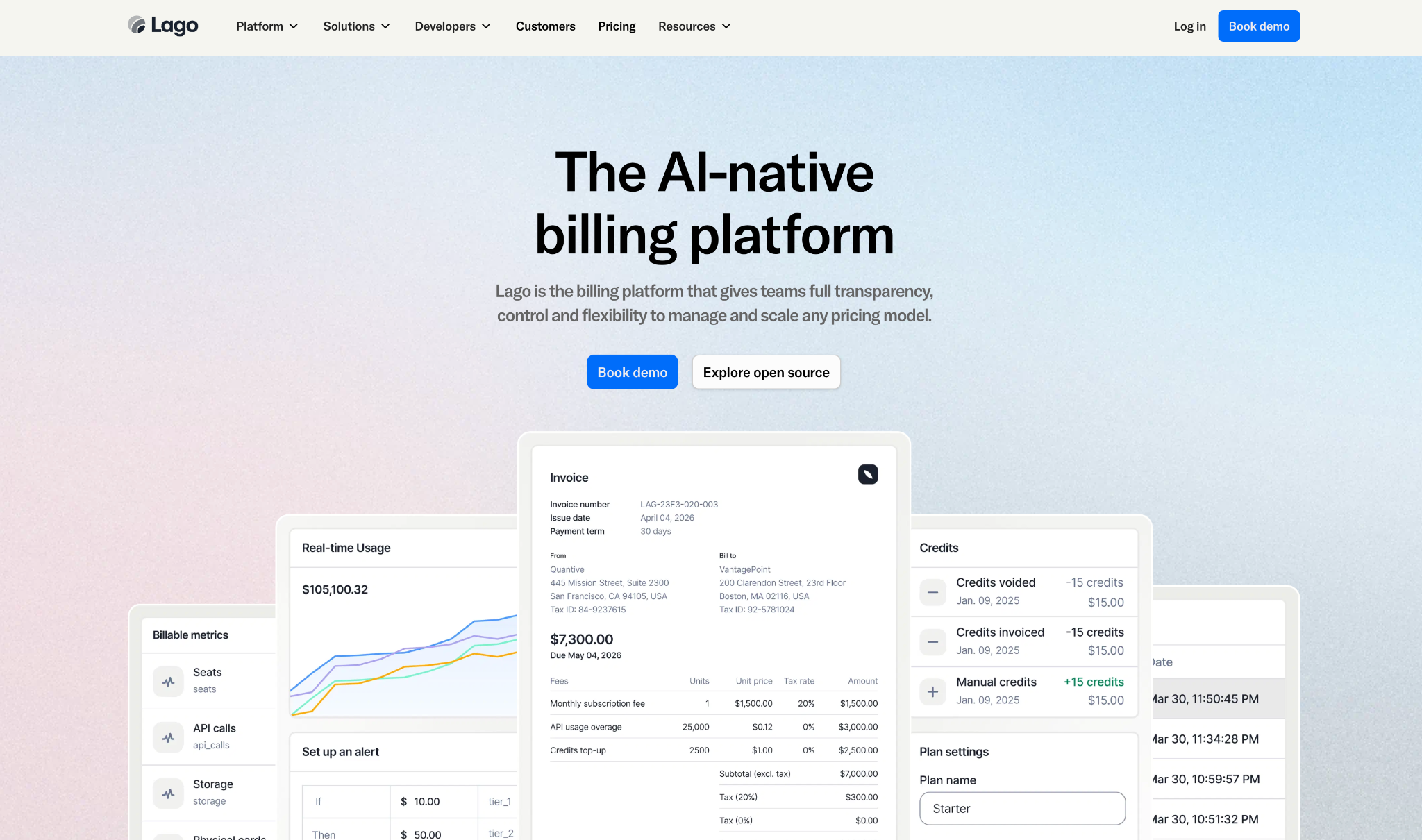 Lago homepage promoting AI-native billing with real-time usage, credits, invoicing, and plan controls.