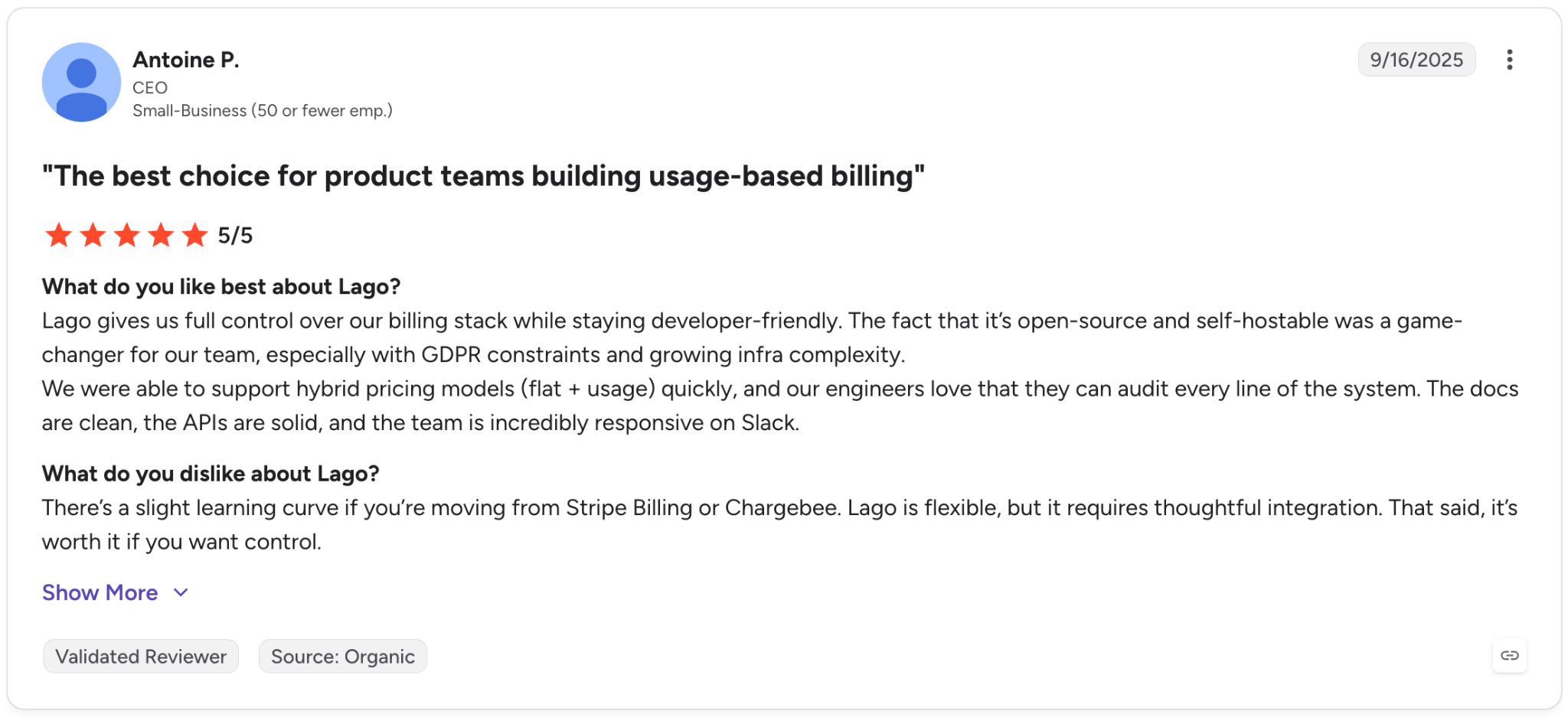G2 review praising Lago’s open-source usage-based billing, self-hosting, hybrid pricing, and developer control.