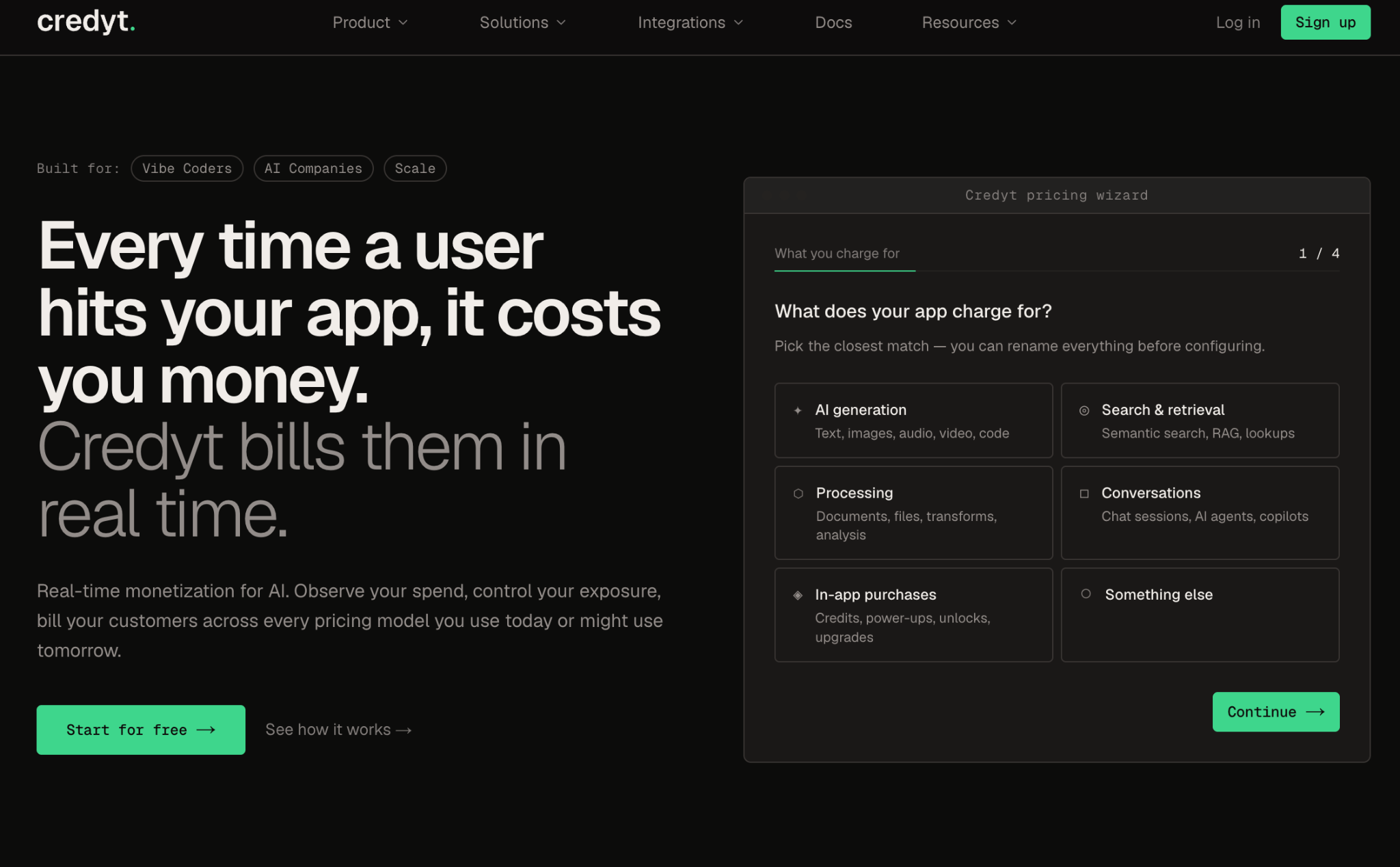 Credyt homepage promoting real-time AI monetization with usage-based billing and a pricing setup wizard.