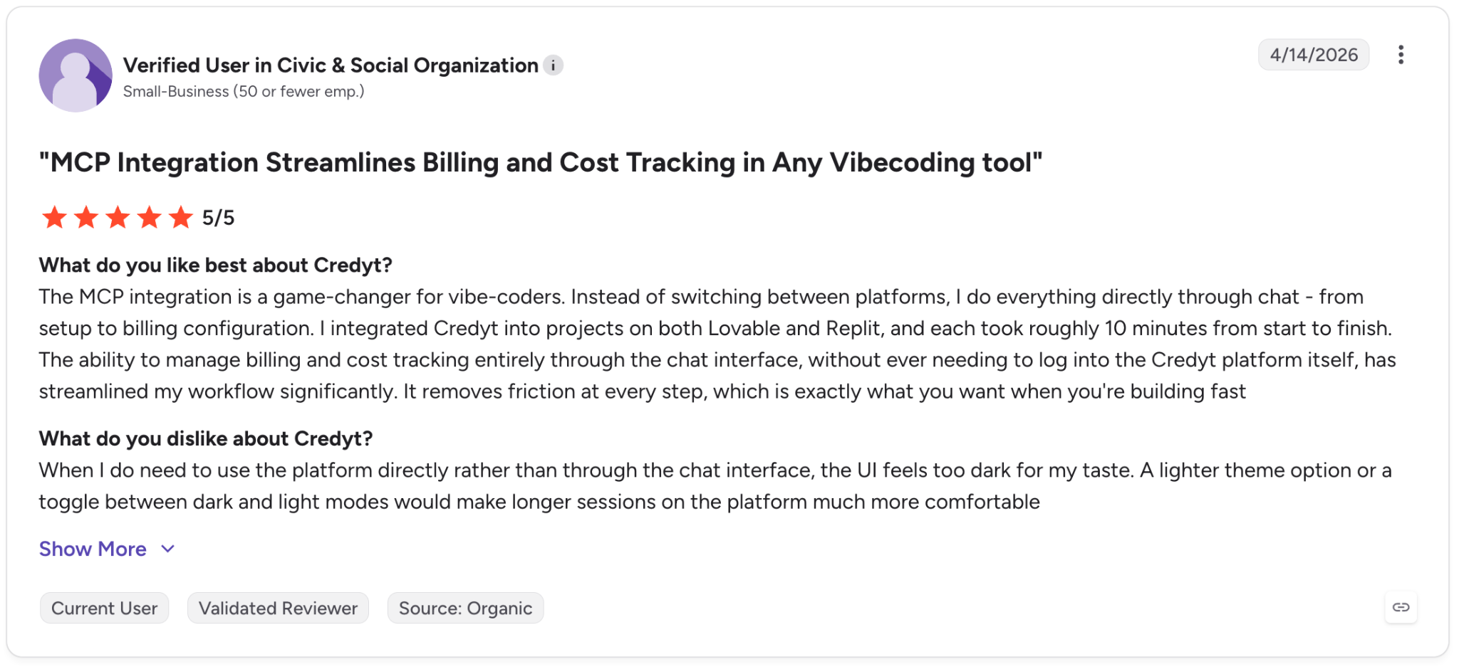 G2 review praising Credyt’s MCP integration for billing setup and cost tracking, with a 5-star rating.