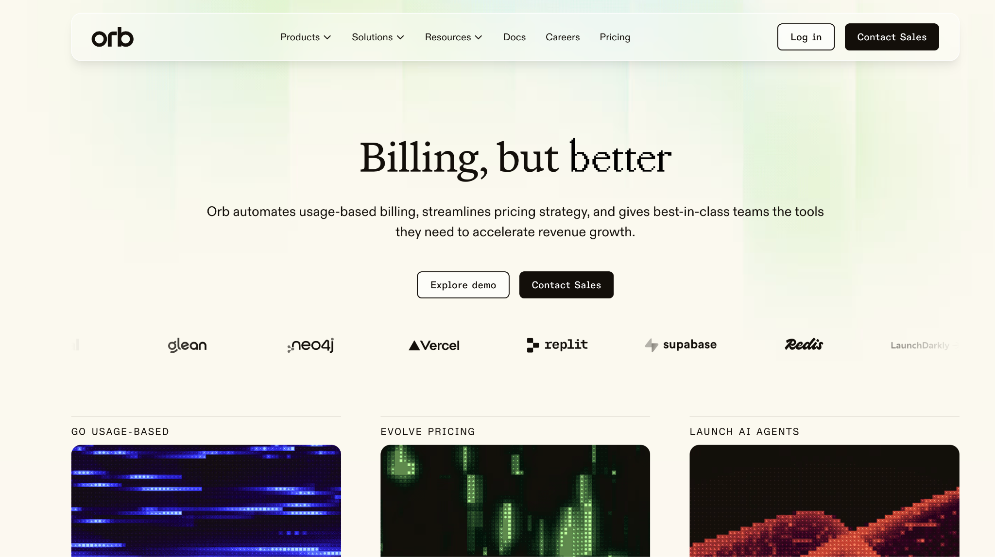 Orb homepage promoting usage-based billing, pricing strategy, and AI agent launches.