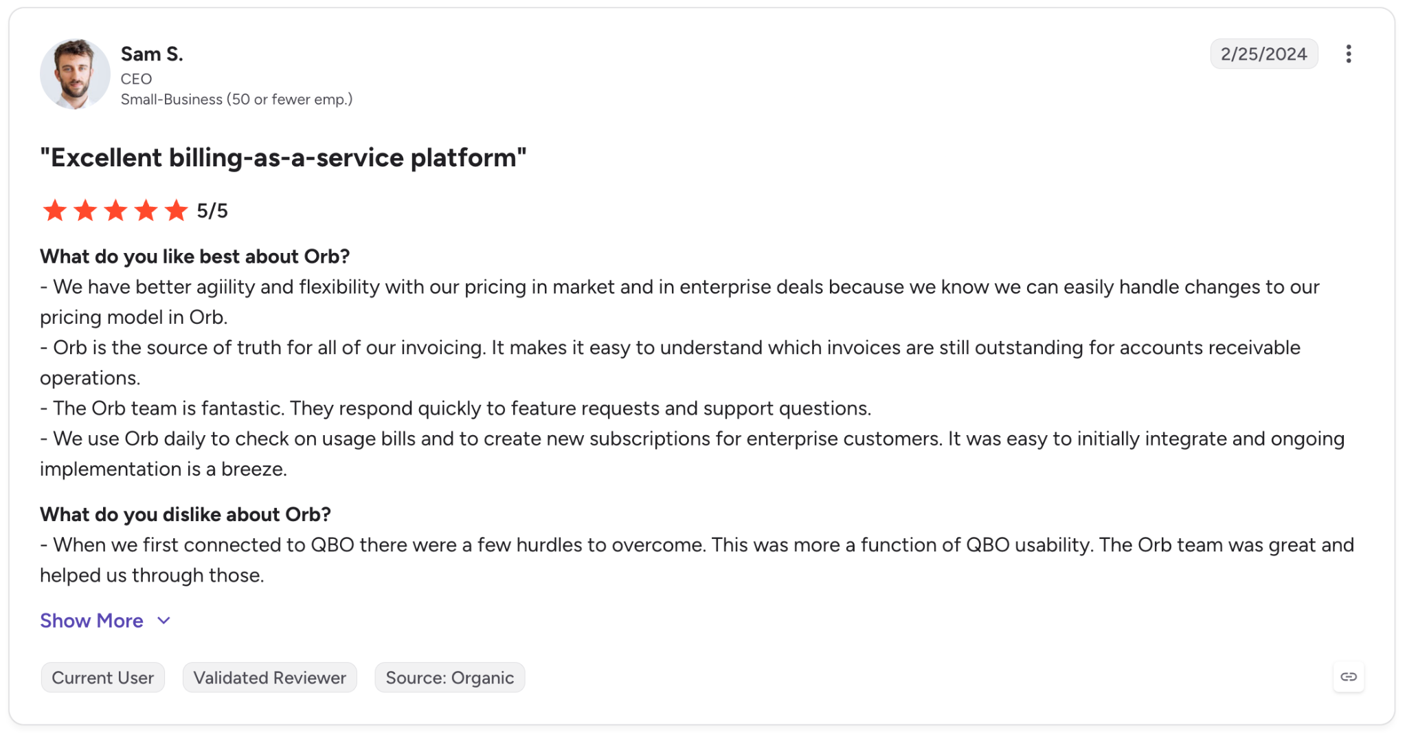 G2 review praising Orb's billing platform, pricing flexibility, invoicing, and customer support with a 5-star rating.