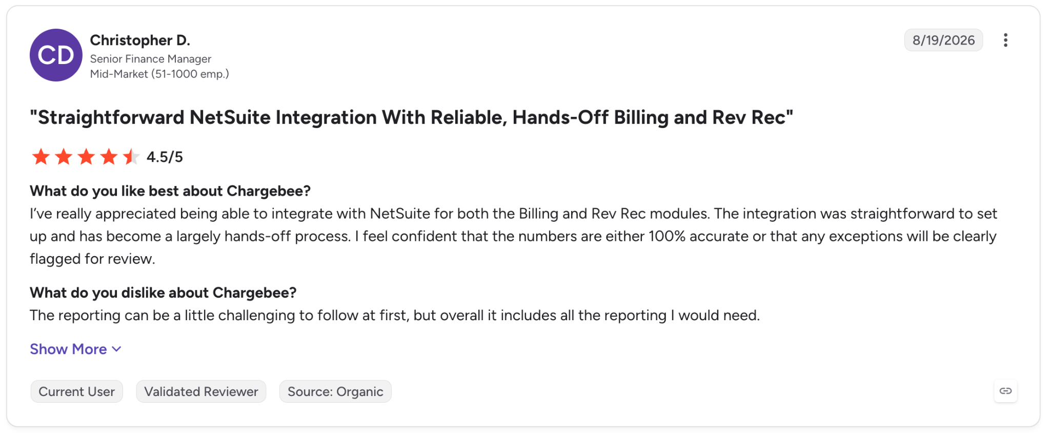 G2 review praising Chargebee’s NetSuite billing integration while noting its reporting can be difficult to navigate.